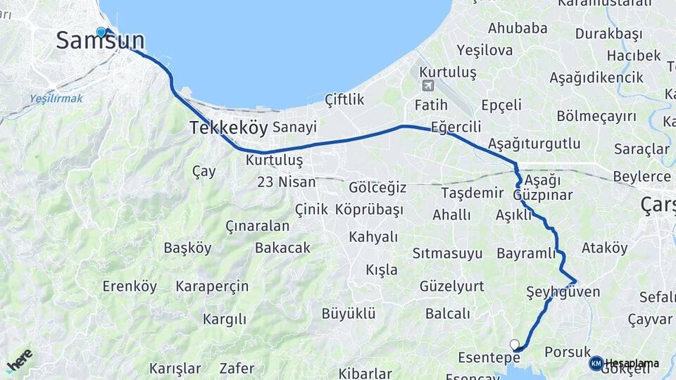 Samsun Ağcagüney Çarşamba Arası Kaç Km - Yol Haritası