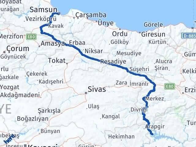 Samsun Ağın Elazığ Arası Kaç Km - Yol Haritası
