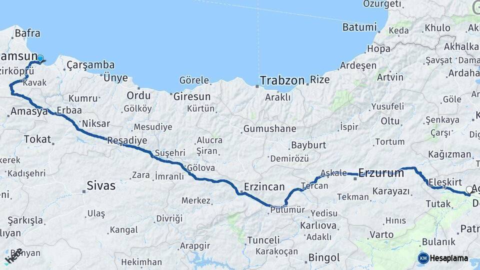 Samsun Ağrı Arası Kaç Km - Yol Haritası