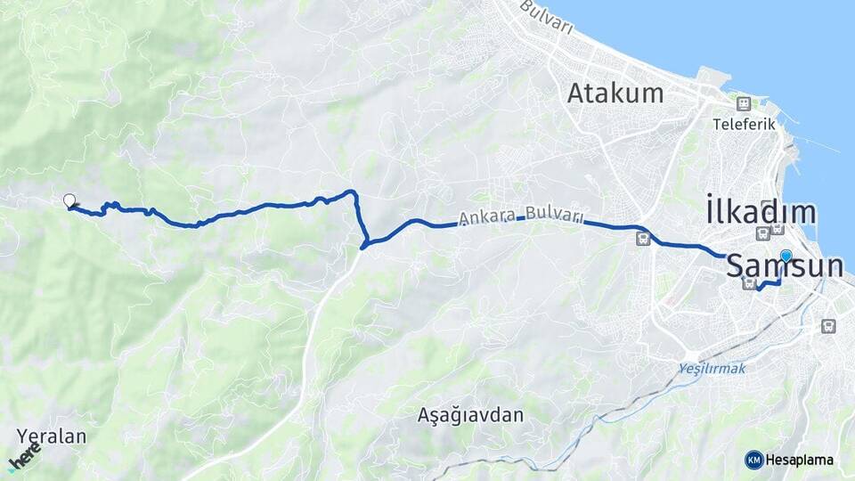 Samsun Akalan Atakum Arası Kaç Km - Yol Haritası