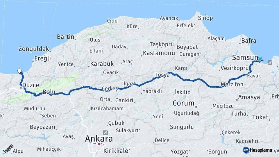 Samsun Akçakoca Düzce Arası Kaç Km - Yol Haritası