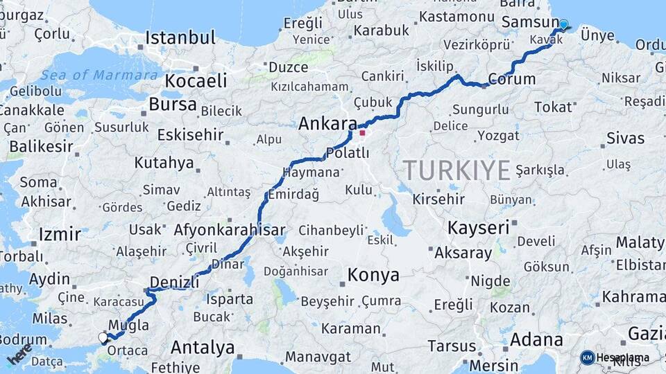 Samsun Akyaka Ula Muğla Arası Kaç Km - Yol Haritası