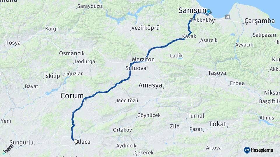 Samsun Alaca Çorum Arası Kaç Km - Yol Haritası