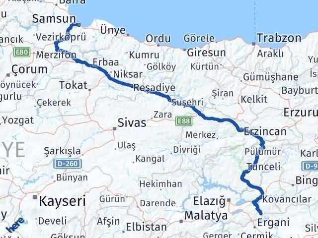 Samsun Alacakaya Elazığ Arası Kaç Km - Yol Haritası