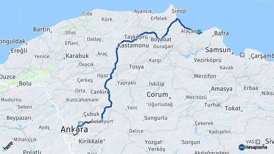 Samsun Alaçam Ankara Arası Kaç Km - Yol Haritası