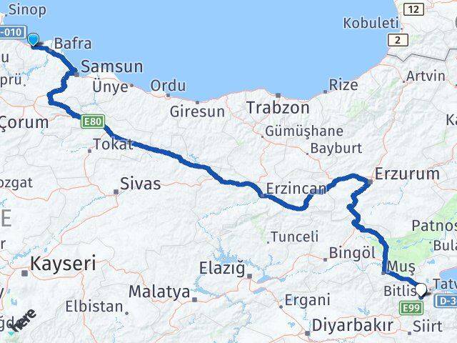 Samsun Alaçam Bitlis Arası Kaç Km - Yol Haritası