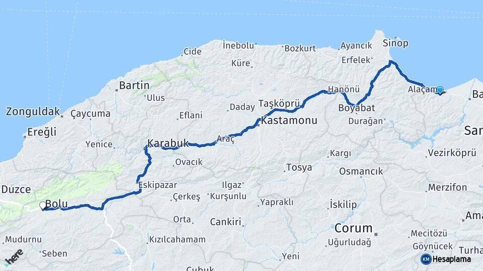 Samsun Alaçam Bolu Arası Kaç Km - Yol Haritası