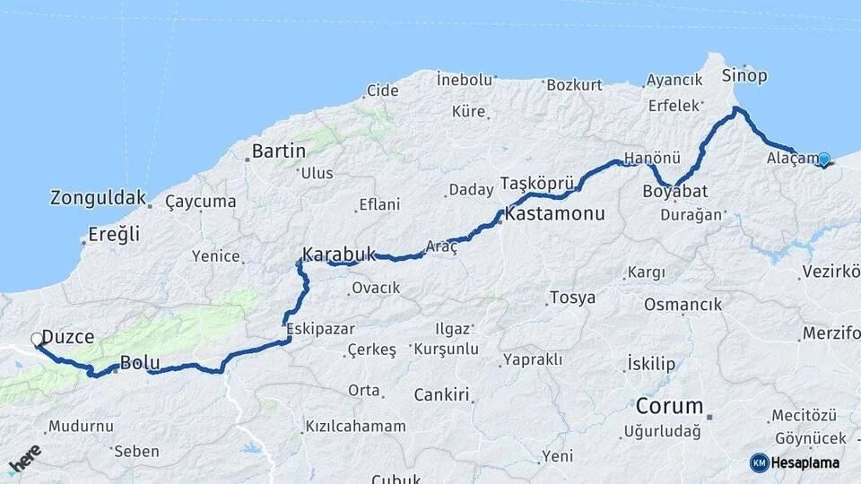 Samsun Alaçam Düzce Arası Kaç Km - Yol Haritası
