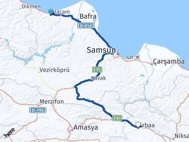 Samsun Alaçam Erbaa Tokat Arası Kaç Km - Yol Haritası