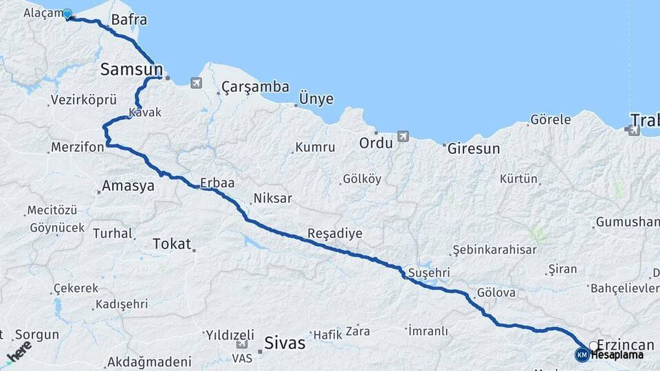 Samsun Alaçam Erzincan Arası Kaç Km - Yol Haritası