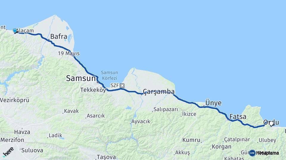 Samsun Alaçam Ordu Arası Kaç Km - Yol Haritası