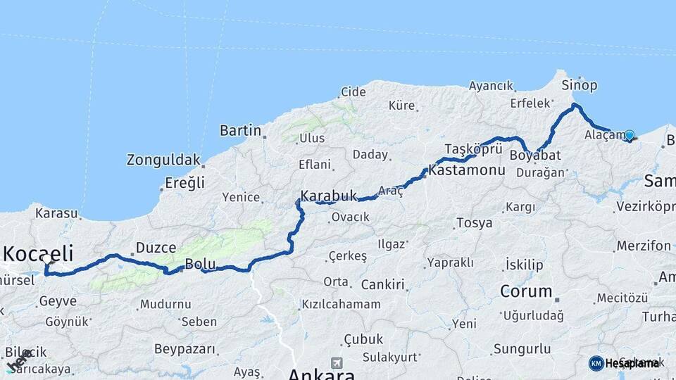 Samsun Alaçam Sakarya Arası Kaç Km - Yol Haritası