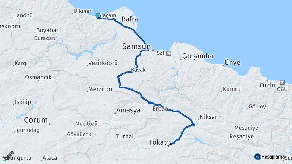 Samsun Alaçam Tokat Arası Kaç Km - Yol Haritası