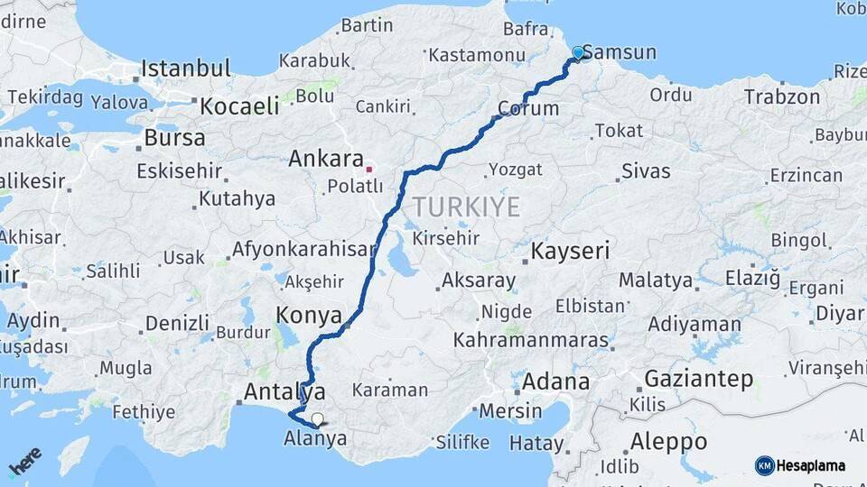 Samsun Alanya Antalya Arası Kaç Km - Yol Haritası