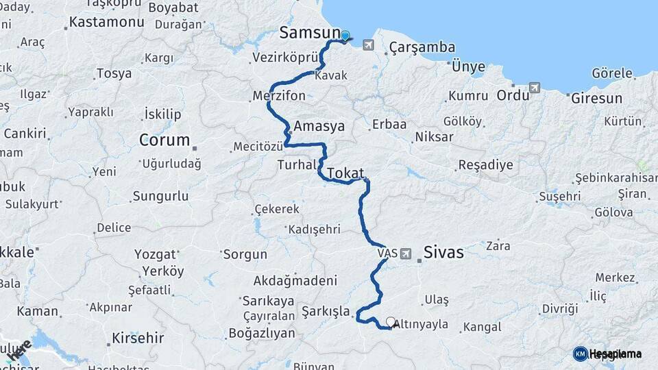 Samsun Altınyayla Sivas Arası Kaç Km - Yol Haritası