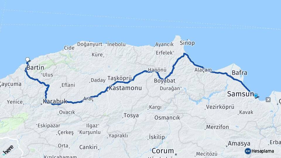 Samsun Amasra Bartın Arası Kaç Km - Yol Haritası