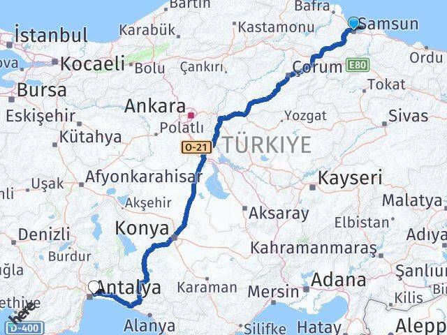 Samsun Antalya Havalimanı Arası Kaç Km - Yol Haritası