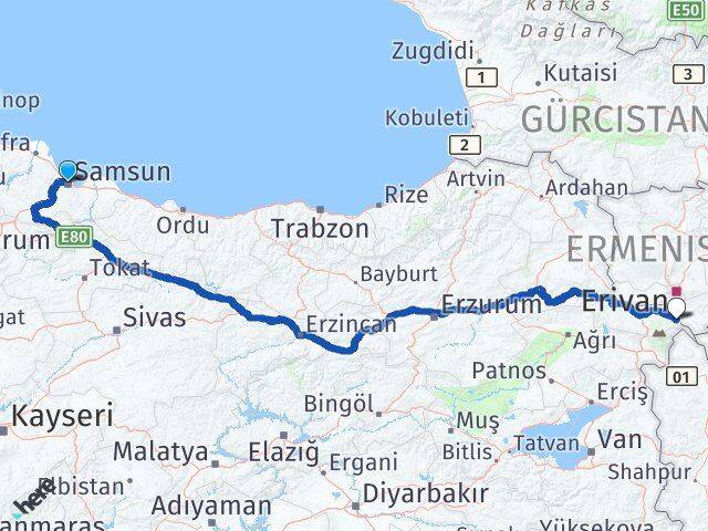 Samsun Aralık Iğdır Arası Kaç Km - Yol Haritası