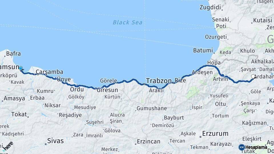 Samsun Ardahan Arası Kaç Km - Yol Haritası