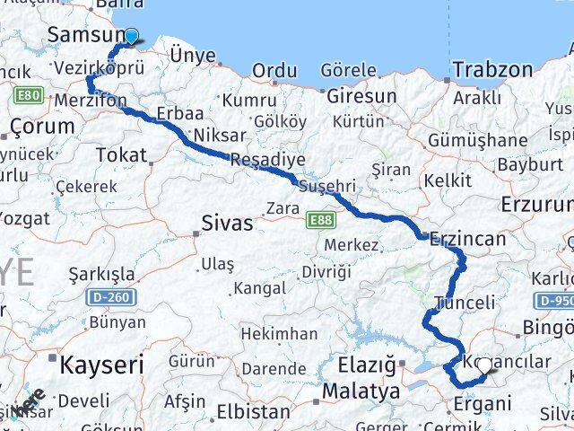 Samsun Arıcak Elazığ Arası Kaç Km - Yol Haritası