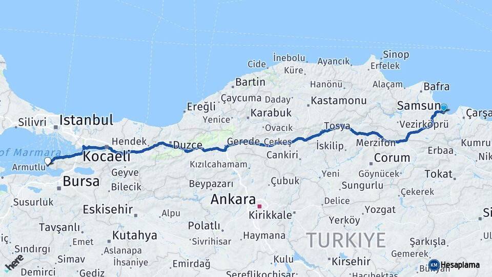 Samsun Armutlu Yalova Arası Kaç Km - Yol Haritası