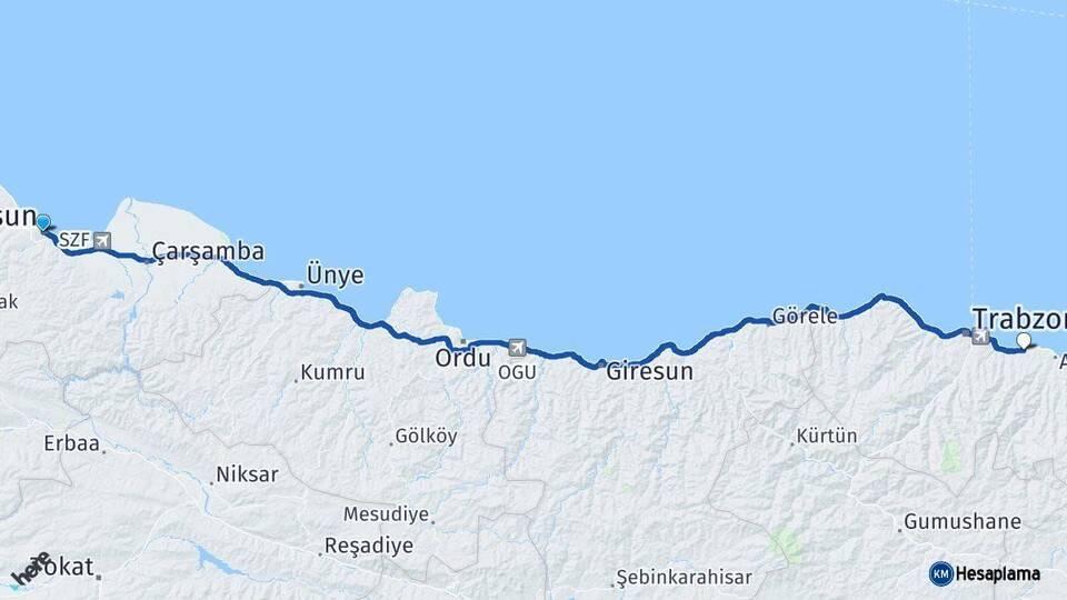 Samsun Arsin Trabzon Arası Kaç Km - Yol Haritası