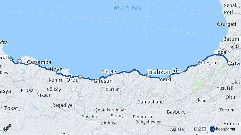 Samsun Artvin Arası Kaç Km - Yol Haritası