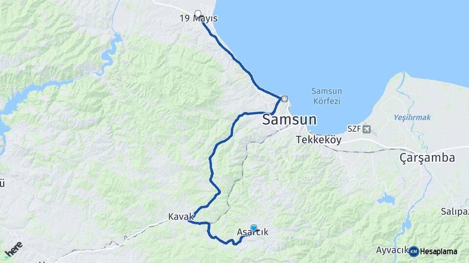 Samsun Asarcık 19 Mayıs Arası Kaç Km - Yol Haritası