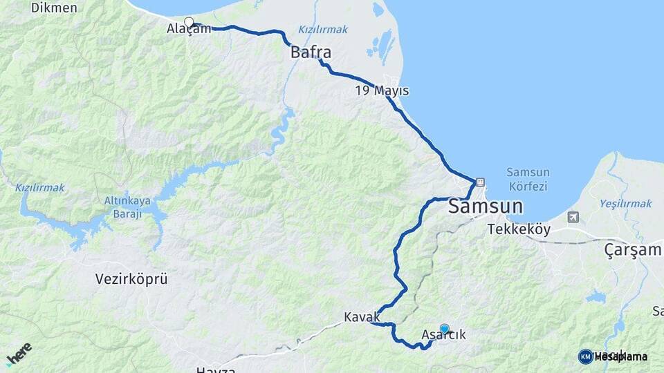 Samsun Asarcık Alaçam Arası Kaç Km - Yol Haritası