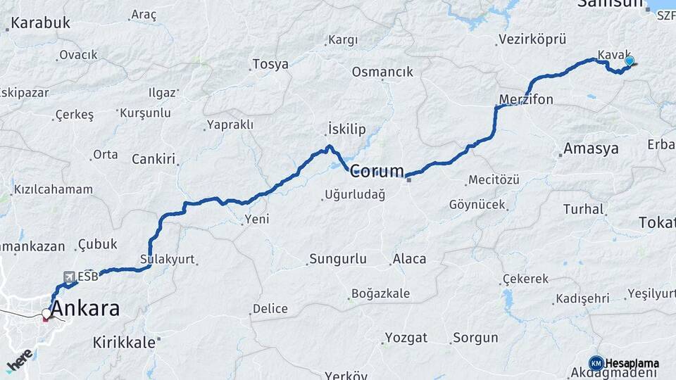 Samsun Asarcık Ankara Arası Kaç Km - Yol Haritası