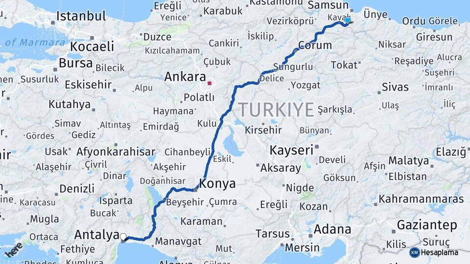 Samsun Asarcık Antalya Arası Kaç Km - Yol Haritası