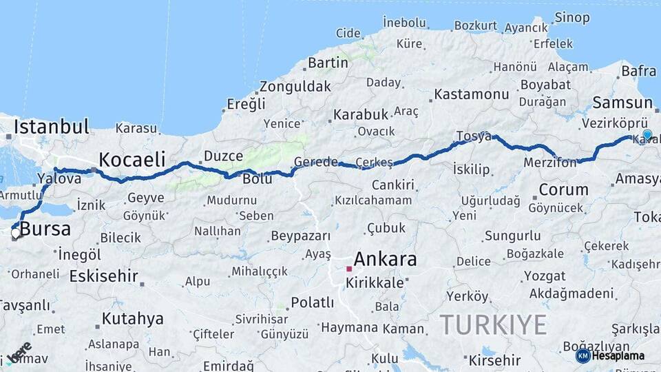 Samsun Asarcık Bursa Arası Kaç Km - Yol Haritası