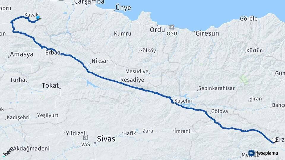Samsun Asarcık Erzincan Arası Kaç Km - Yol Haritası