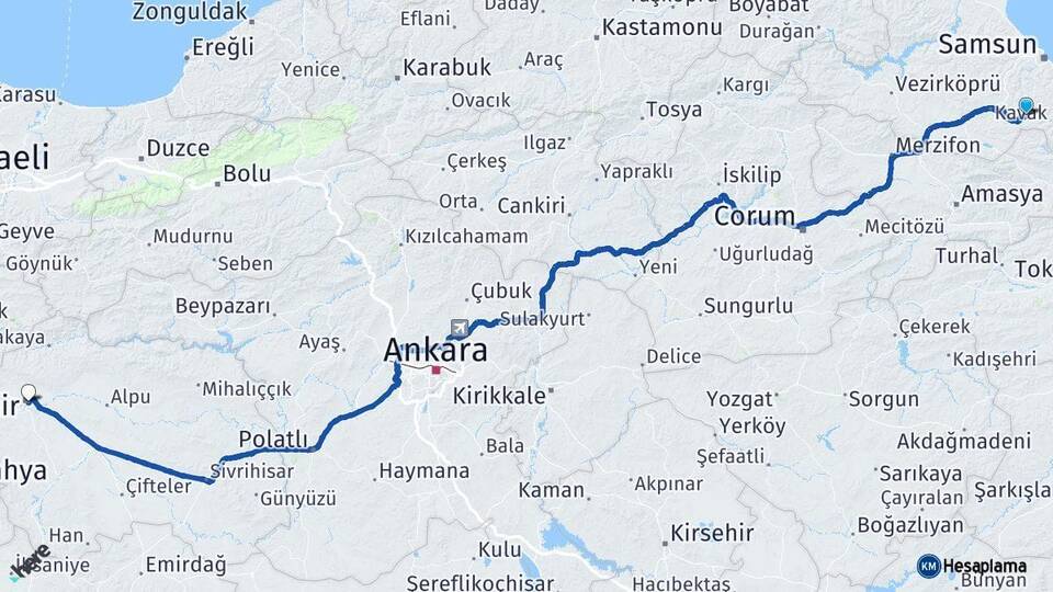 Samsun Asarcık Eskişehir Arası Kaç Km - Yol Haritası