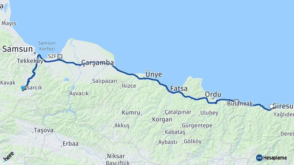 Samsun Asarcık Giresun Arası Kaç Km - Yol Haritası