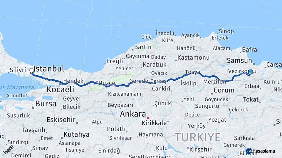 Samsun Asarcık İstanbul Arası Kaç Km - Yol Haritası