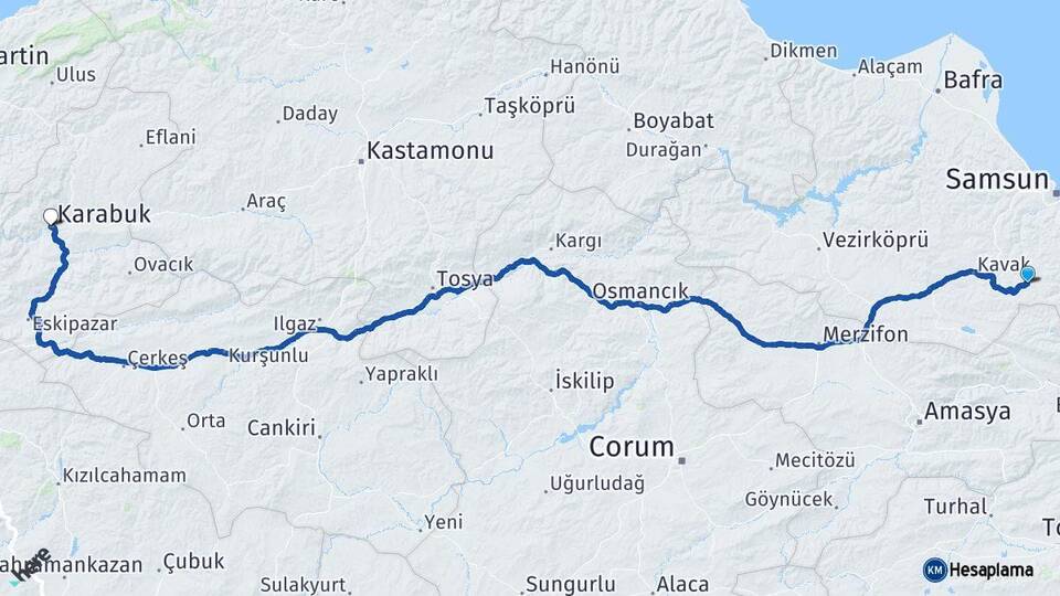 Samsun Asarcık Karabük Arası Kaç Km - Yol Haritası