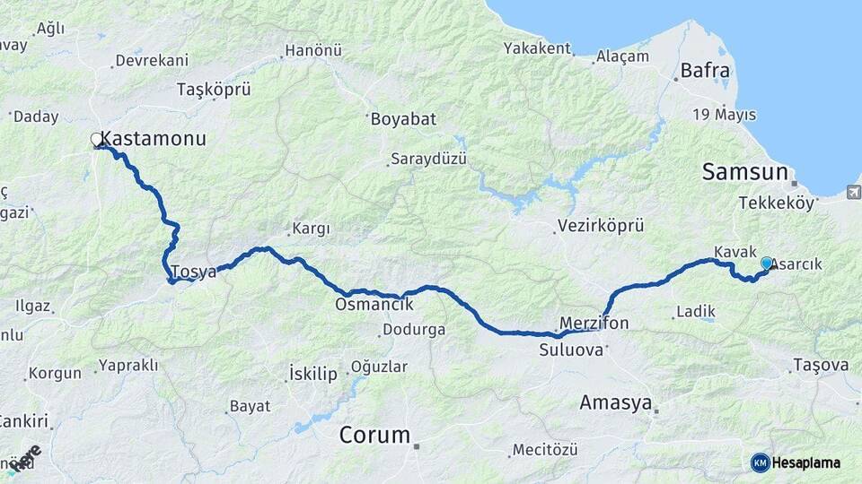 Samsun Asarcık Kastamonu Arası Kaç Km - Yol Haritası