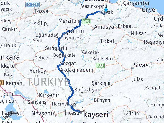 Samsun Asarcık Kayseri Arası Kaç Km - Yol Haritası