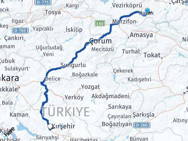 Samsun Asarcık Kırşehir Arası Kaç Km - Yol Haritası