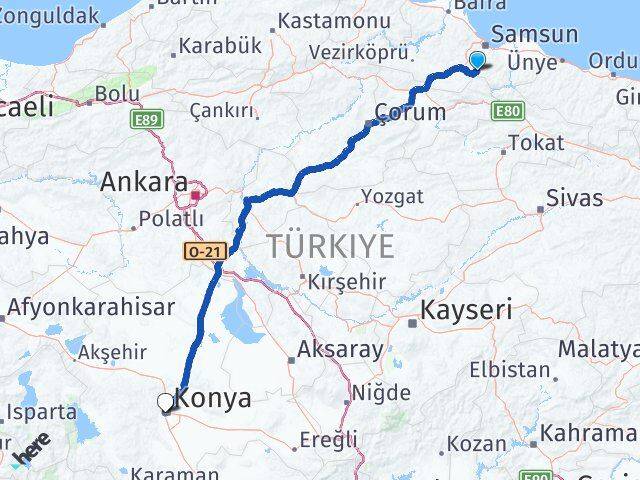Samsun Asarcık Konya Arası Kaç Km - Yol Haritası