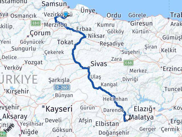 Samsun Asarcık Malatya Arası Kaç Km - Yol Haritası