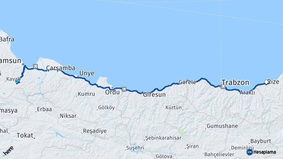 Samsun Asarcık Rize Arası Kaç Km - Yol Haritası