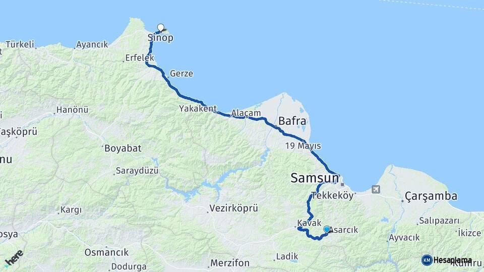 Samsun Asarcık Sinop Arası Kaç Km - Yol Haritası