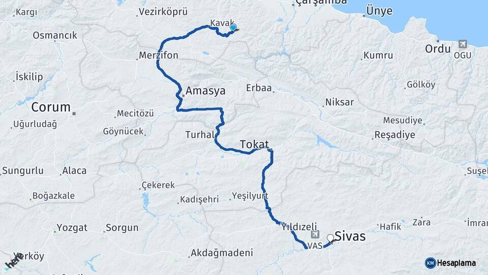 Samsun Asarcık Sivas Arası Kaç Km - Yol Haritası