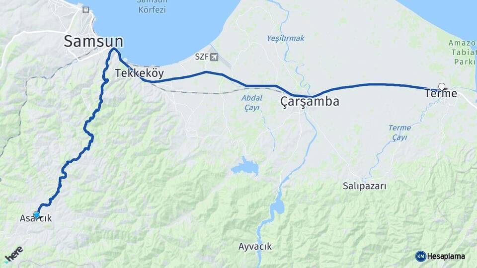 Samsun Asarcık Terme Arası Kaç Km - Yol Haritası