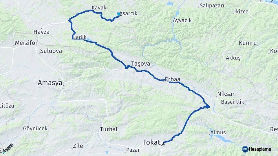 Samsun Asarcık Tokat Arası Kaç Km - Yol Haritası