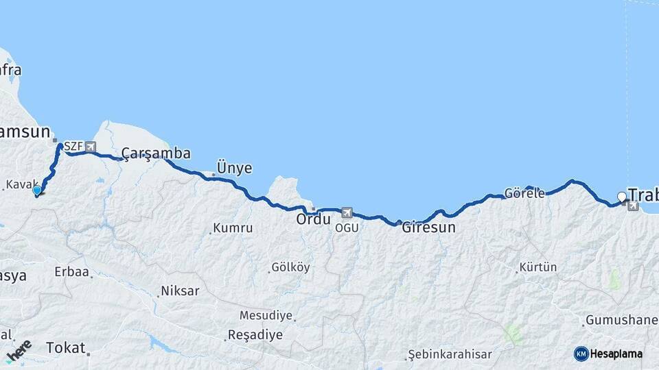 Samsun Asarcık Trabzon Arası Kaç Km - Yol Haritası