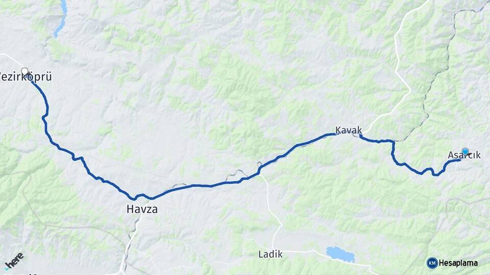 Samsun Asarcık Vezirköprü Arası Kaç Km - Yol Haritası