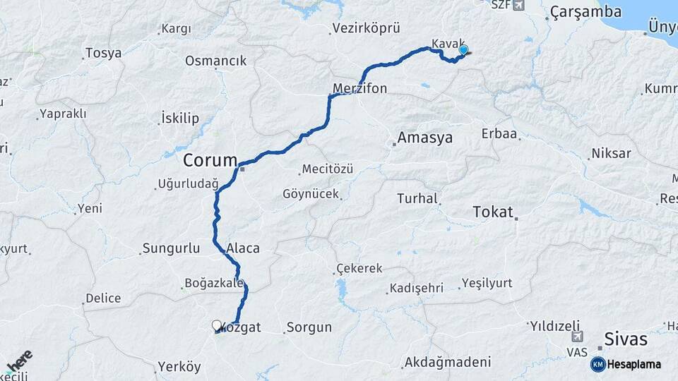 Samsun Asarcık Yozgat Arası Kaç Km - Yol Haritası